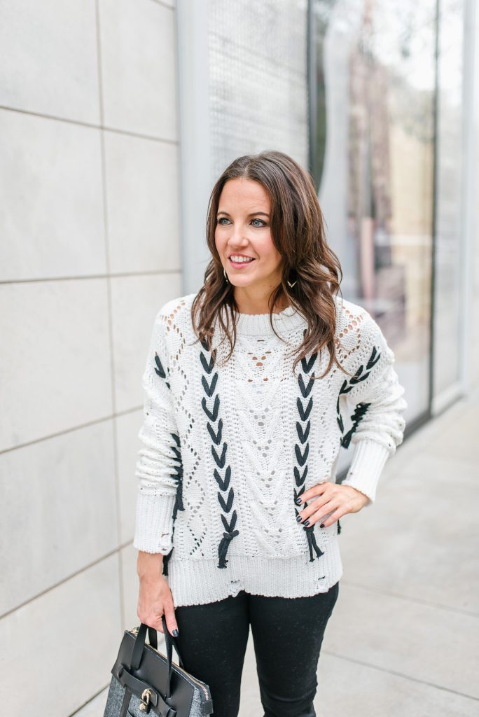 winter outfit | lace up over knit sweater | petite fashion blogger Karen Kocich