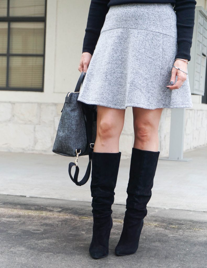 work outfit | gray skirt | black suede boots | Petite Fashion Blogger Lady in Violet