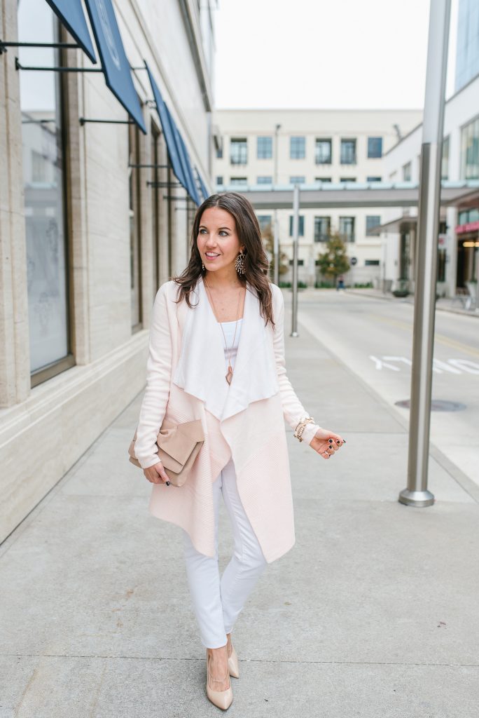 casual outfit | blush pink cardigan | white denim | Petite Fashion Blogger Lady in Violet