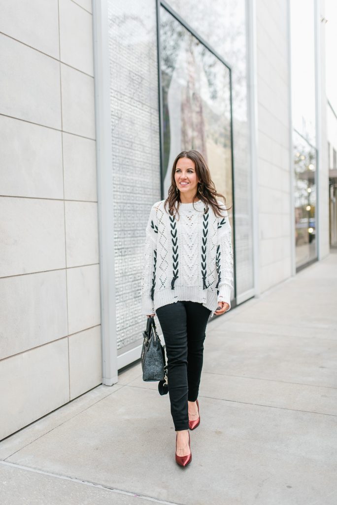 casual winter outfits | white open knit sweater | black skinny jeans | Popular Houston Fashion Blogger Karen Kocich