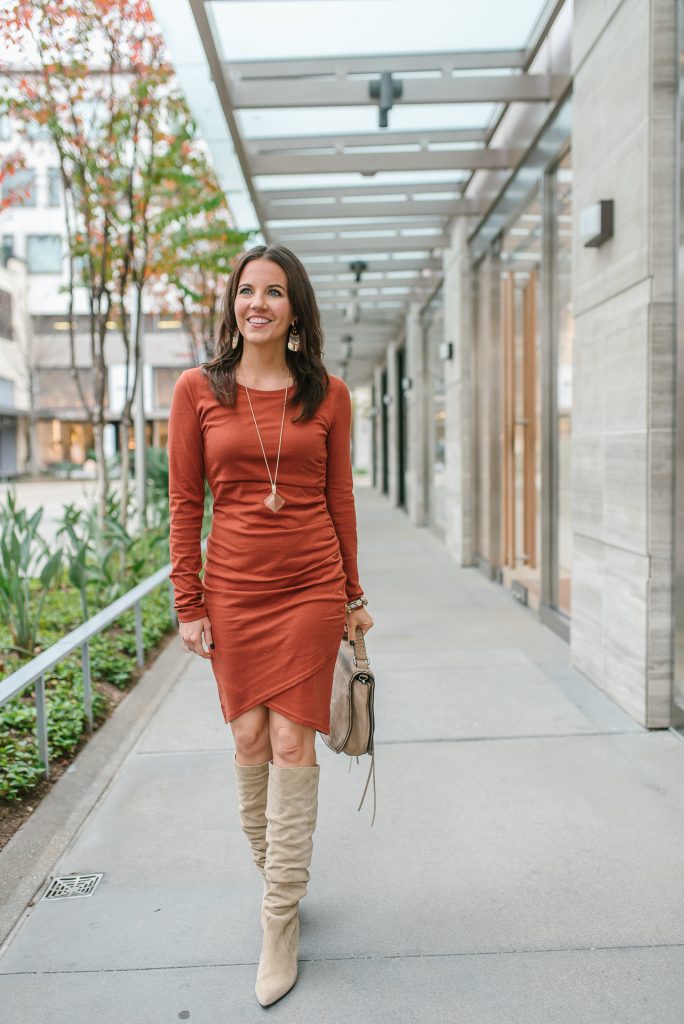 winter date night outfit | body con dress | taupe suede boots | Petite Fashion Blogger Lady in Violet