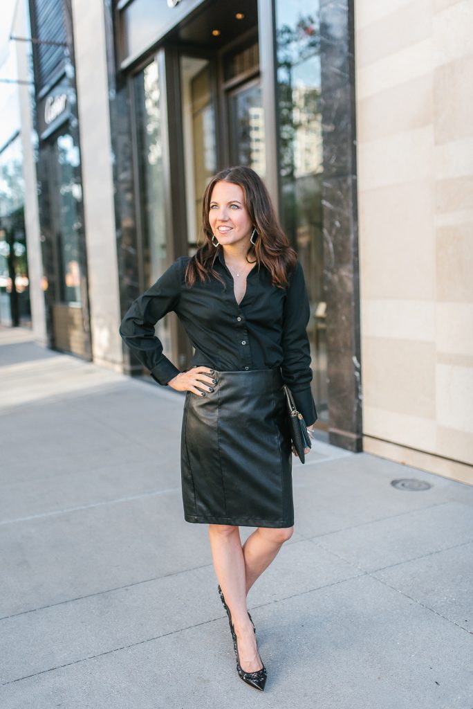 Petite black leather on sale skirt