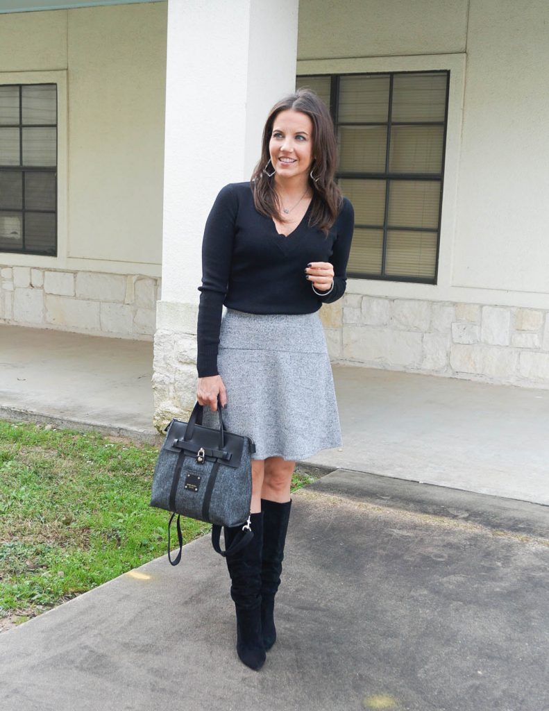 grey sweater black skirt