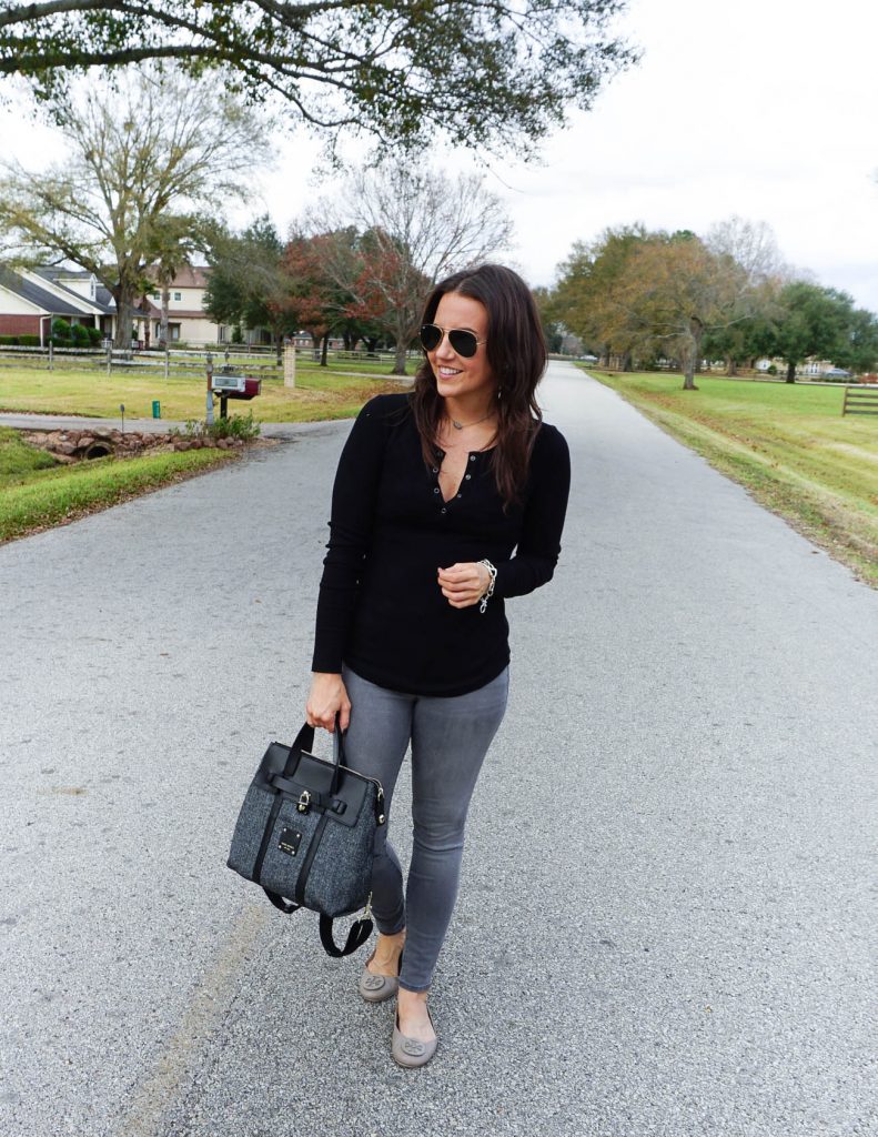 casual fall outfit | black thermal tee | gray jeans | Petite Fashion Blogger Lady in Violet