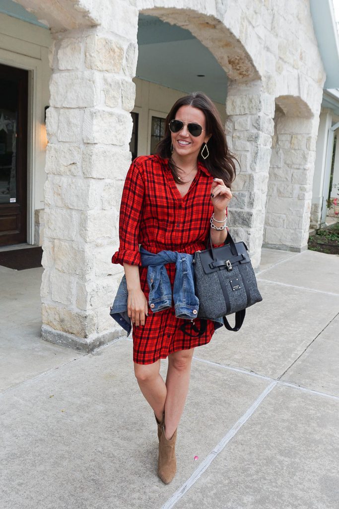 fall outfit | red plaid shirtdress | black backpack purse | Houston Fashion Blogger Lady in Violet