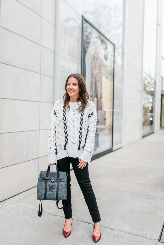 winter outfit | cozy white sweater | black jeans | Houston Fashion Blogger Lady in Violet