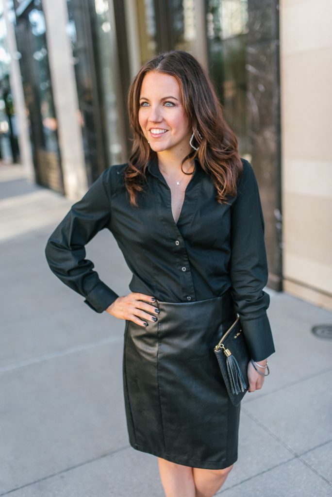 winter workwear | black button up blouse | faux leather skirt | Top Houston Fashion Blogger Karen Kocich