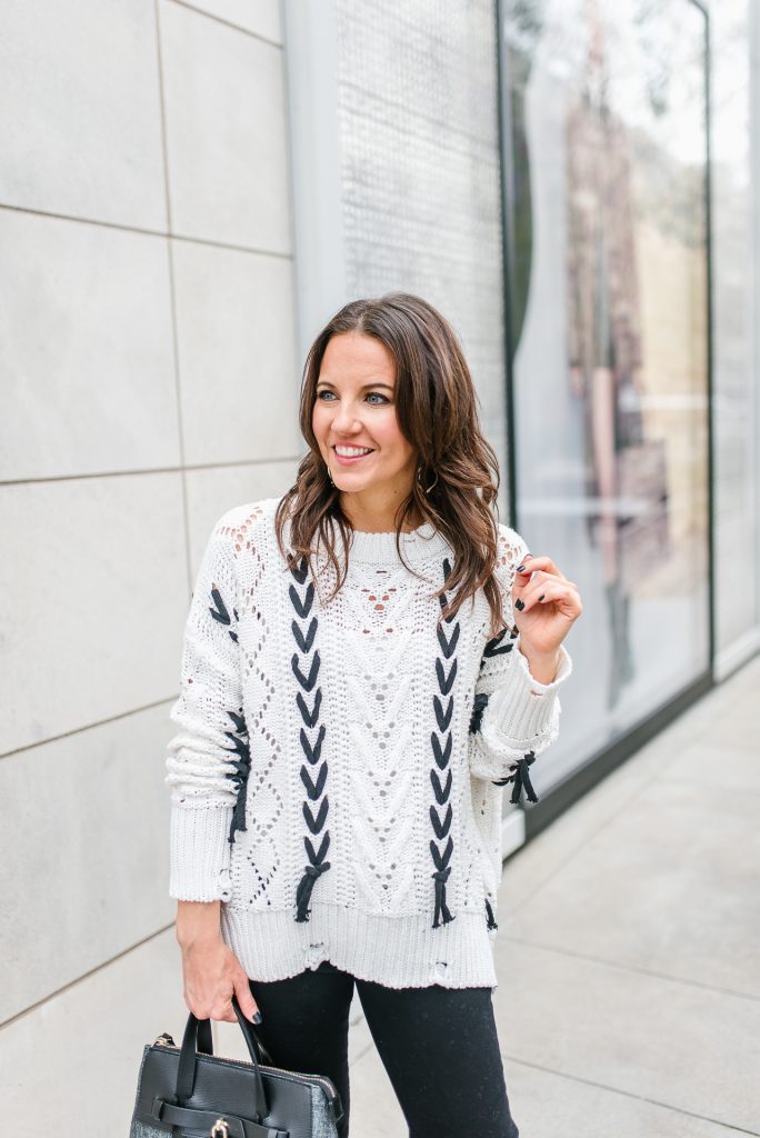 casual winter outfit | white open knit sweater | Houston Fashion Blogger Karen Kocich founder of Lady in Violet