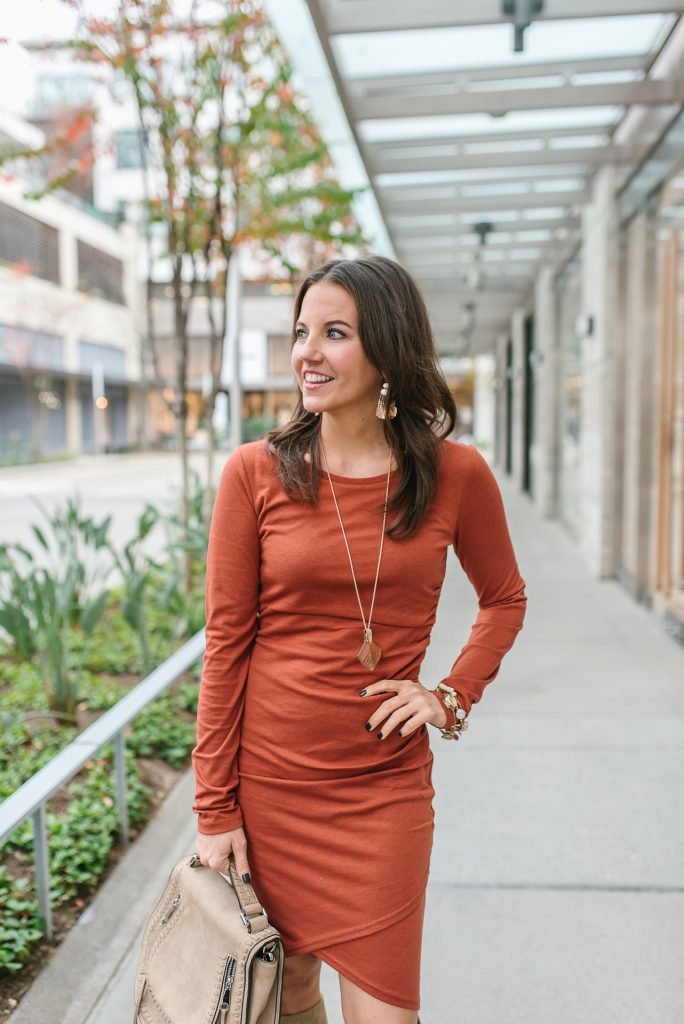 fall outfit | burnt orange fitted dress | rose gold necklace | Houston Fashion Blogger Lady in Violet