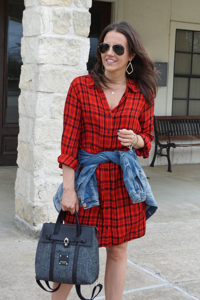 rodeo outfit idea | red dress | denim jacket | Petite Fashion Blogger Lady in Violet