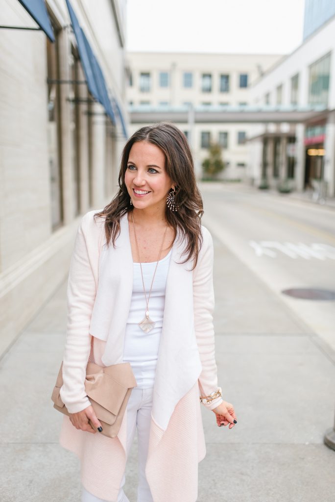 winter fashion | blush pink cardigan | rose gold jewelry | Petite Fashion Blogger Lady in Violet