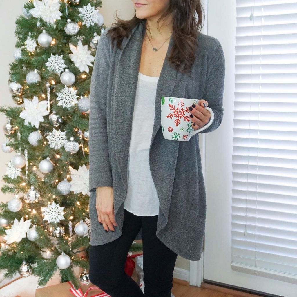 winter loungewear | barefoot dreams cardigan | black leggings | Houston Fashion Blogger Lady in Violet