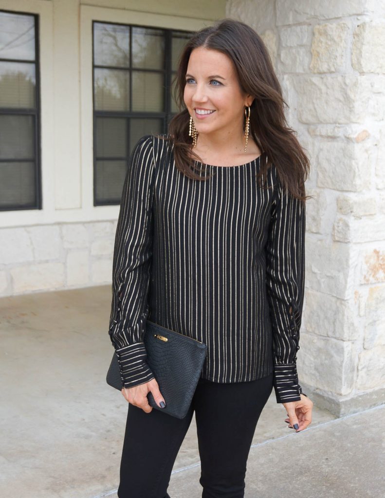 winter outfit | metallic striped top | gold statement earrings | Houston Fashion Blogger Lady in Violet