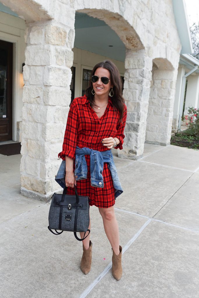 houston rodeo outfits | red plaid dress | brown booties | Petite Fashion Blogger Lady in Violet