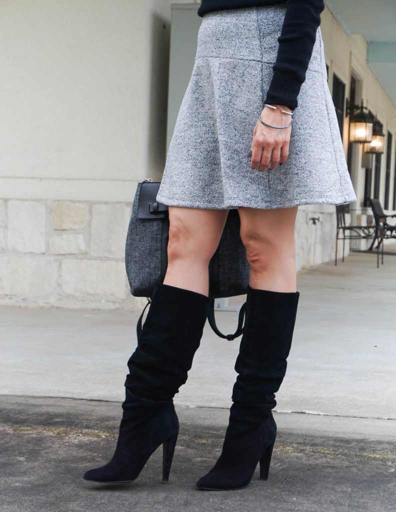 winter outfit | gray skirt | black tall boots | Houston Fashion Blogger Lady in Violet