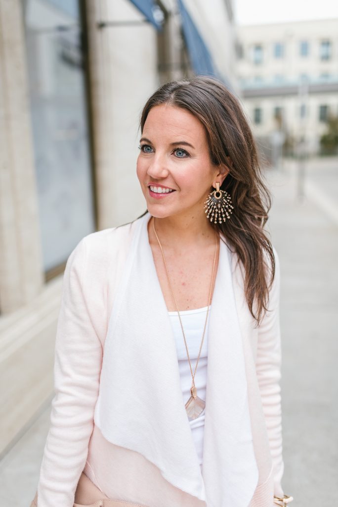 winter outfit | pink cardigan | rose gold earrings | Houston Fashion Blogger Lady in Violet