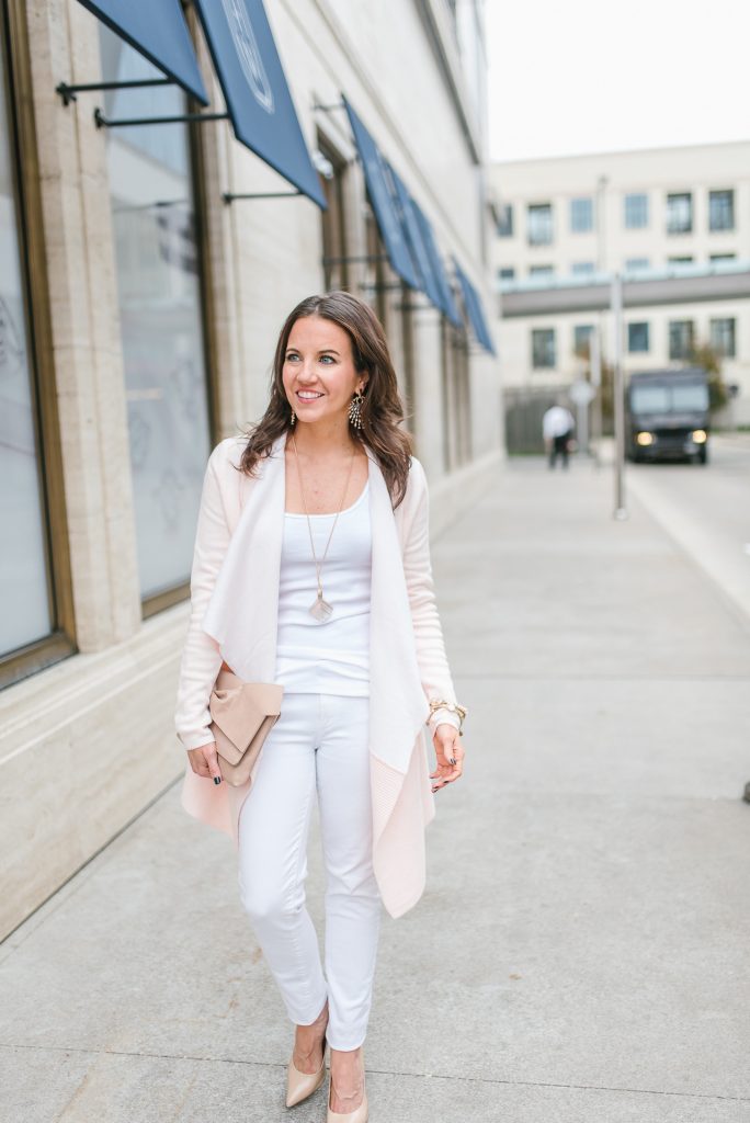 petite outfit idea | blush pink cardigan | white jeans | Popular Houston Fashion Blogger Lady in Violet