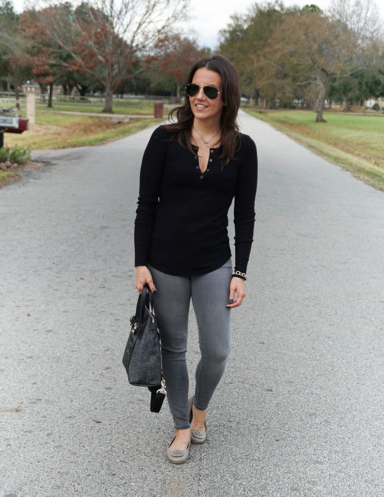 casual winter basics | black thermal tee | gray skinny jeans | Houston Fashion Blogger Lady in Violet