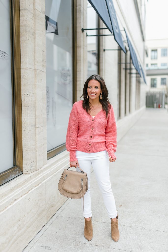 spring outfit | coral cardigan | white jeans | Houston Fashion Blogger Lady in Violet