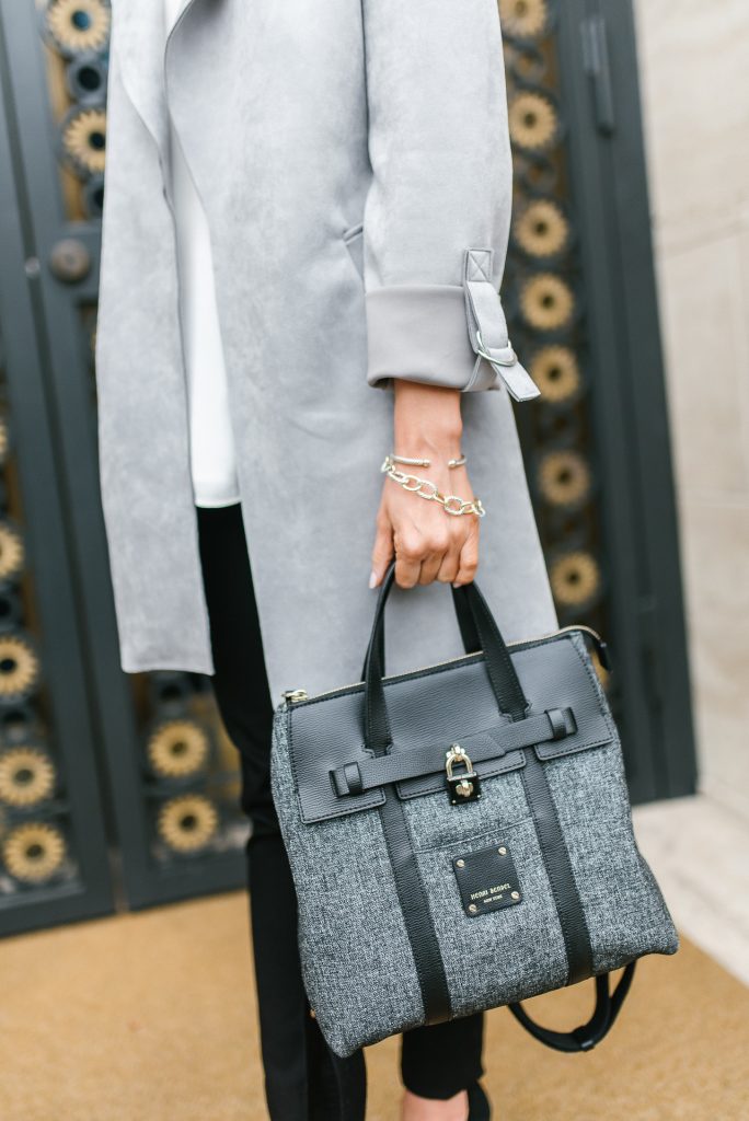 casual spring outfit | gray jacket | henri bendel mini jetsetter bag | Houston Fashion Blogger Lady in Violet