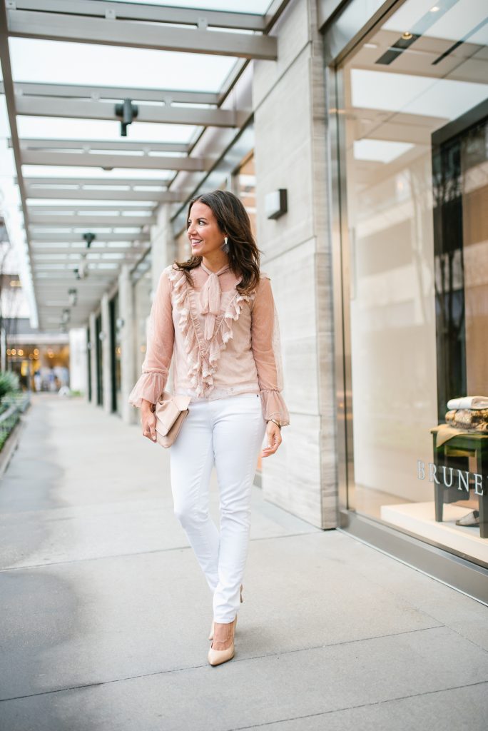 casual outfit | tan sheer top with ruffles | white jeans | Petite Fashion Blogger Lady in Violet