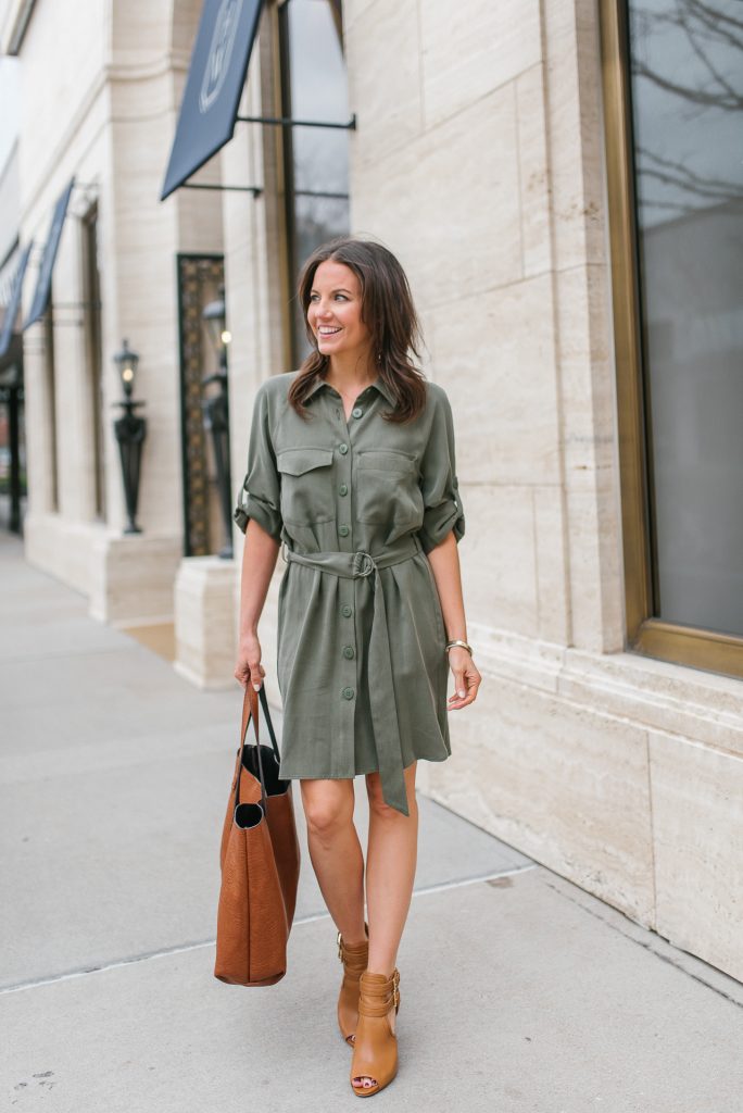 spring work style | utility shirtdress | brown booties | Popular Petite Fashion Blogger Lady in Violet