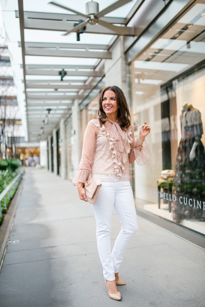 casual easter outfit | sheer top with ruffles | white denim | Houston Fashion Blogger Lady in Violet