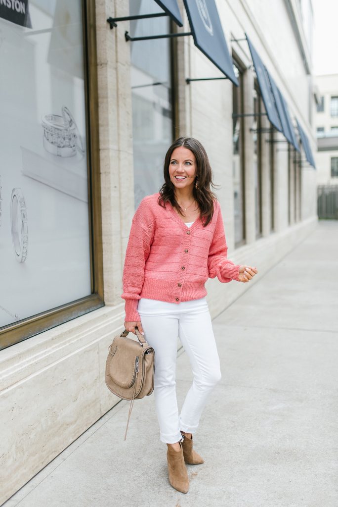 weekend outfit | coral cardigan | white denim | Popular Houston Fashion Blogger Lady in Violet
