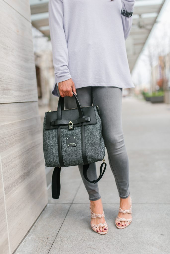 dressy casual outfit | gray jeans | floral mule sandals | Petite Fashion Blogger Lady in Violet