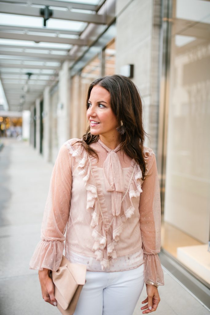 Casual spring outfit | ruffle sheer top trend | Houston Fashion Blogger Lady in Violet