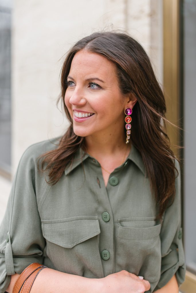 spring fashion | pink ombre statement earrings | olive dress | Houston Fashion Blogger Lady in Violet