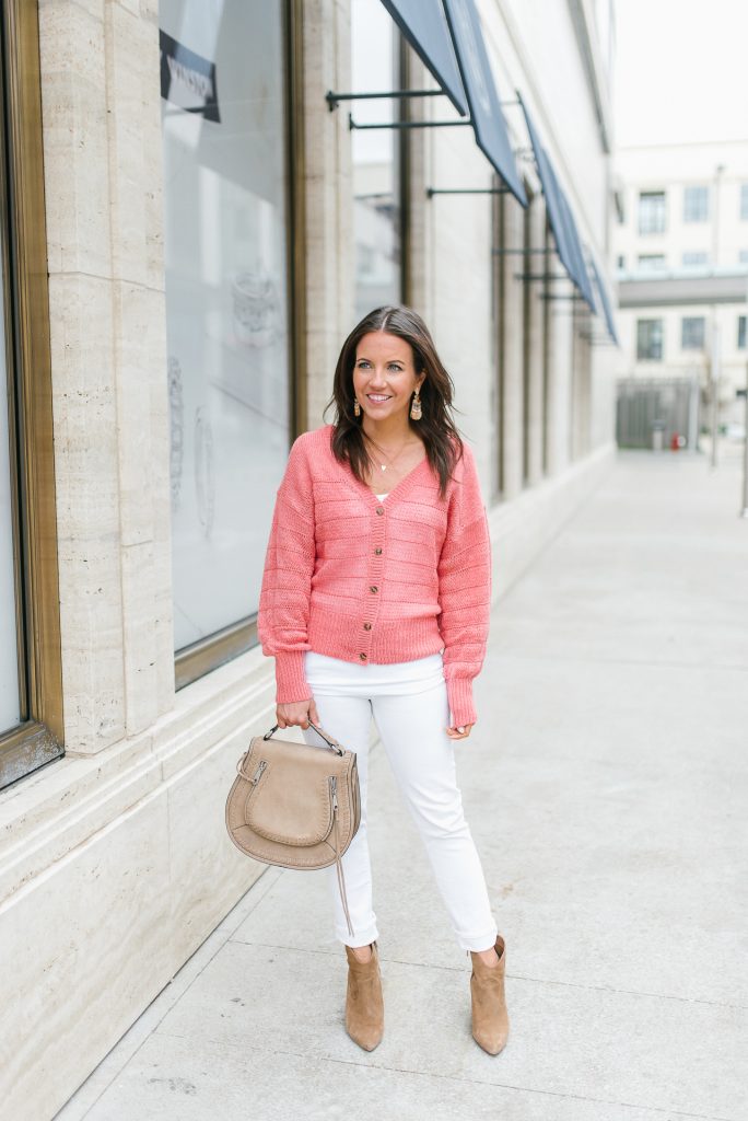 spring outfit | coral cardigan | brown booties | Houston Fashion Blogger Lady in Violet