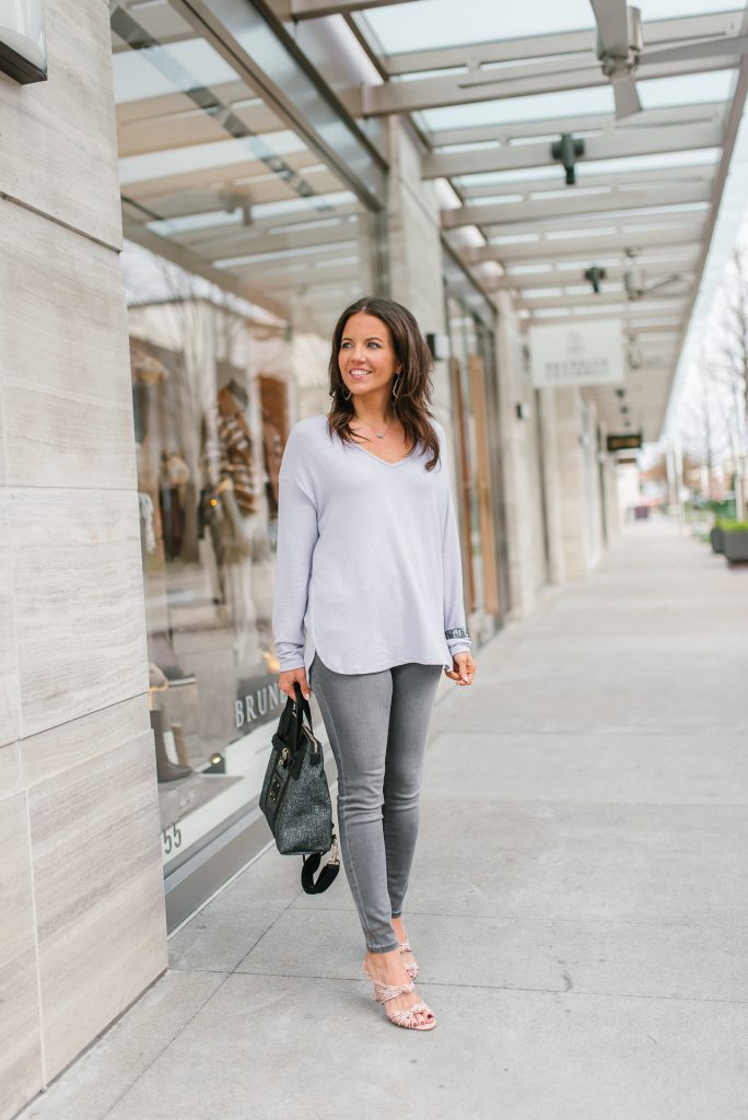 casual spring outfit | light purple sweater | gray skinny jeans | Houston Fashion Blogger Lady in Violet