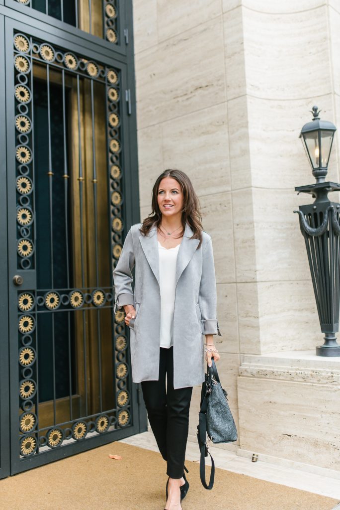 Spring outfit | long gray jacket | black denim | Petite Fashion Blogger Lady in Violet