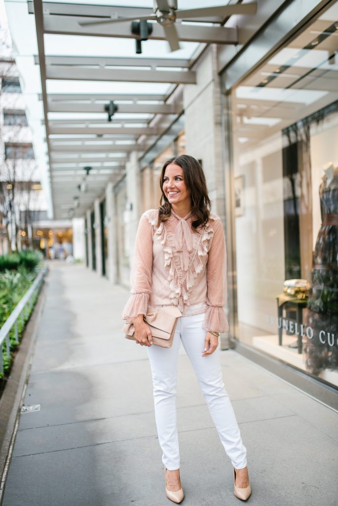 spring outfits | sheer top with ruffles | white skinny jeans | Petite Fashion Blogger Lady in Violet