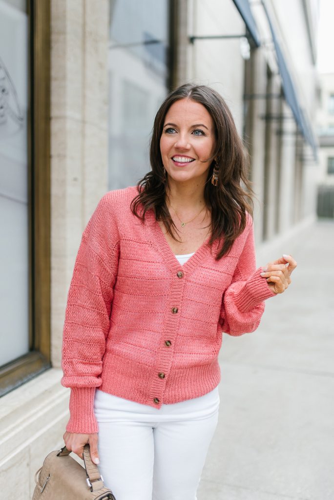 winter outfit | coral cardigan | rose gold earrings | Houston Fashion Blogger Lady in Violet