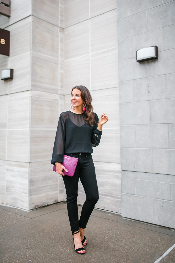 Fall outfit | long sleeve black bodysuit | block heel sandals | Petite Fashion Blogger Lady in Violet