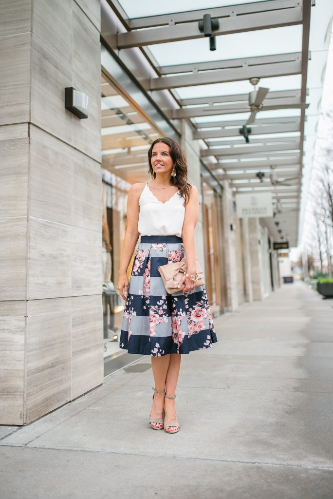 spring outfit | floral midi skirt | scalloped cami | Petite Fashion Blogger Lady in Violet