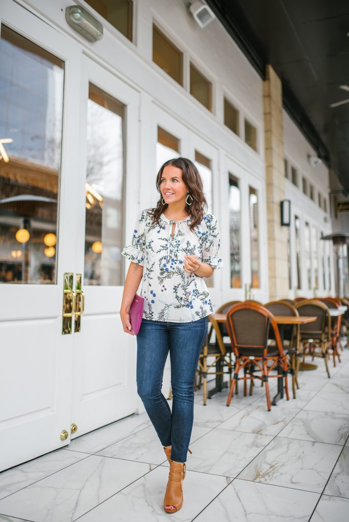 Spring outfit | floral top | blue skinny jeans | Petite Fashion Blogger Lady in Violet