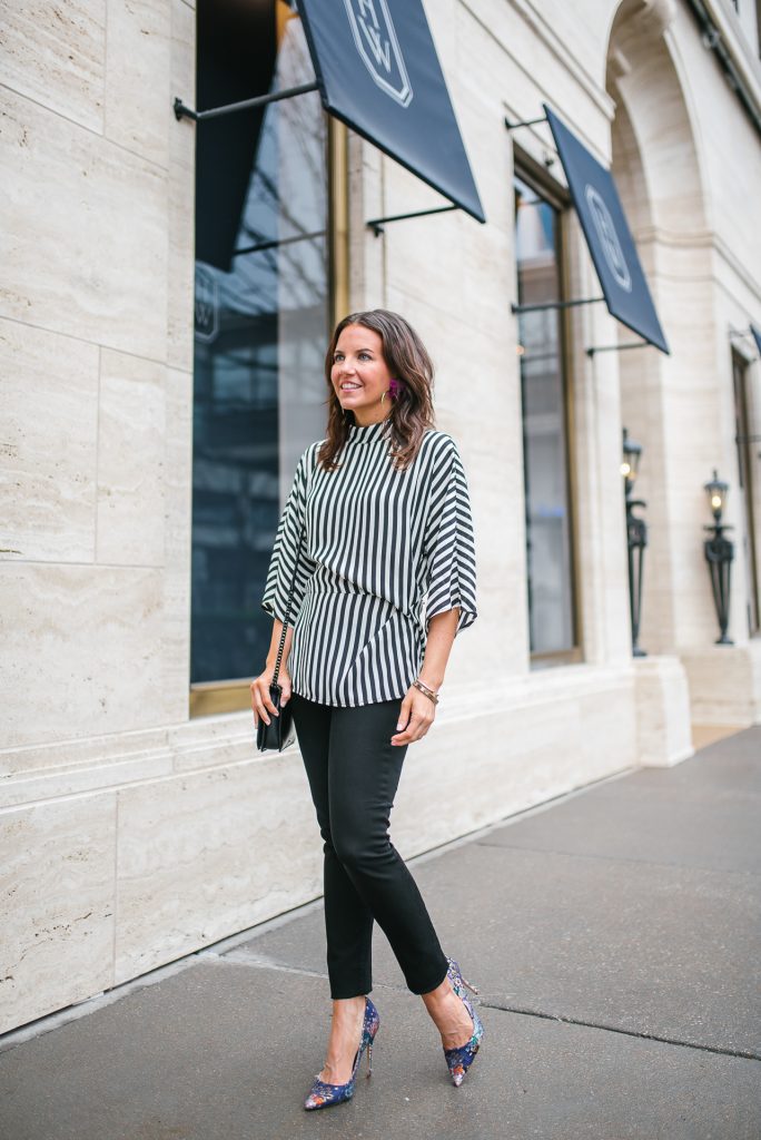 spring outfit | striped top | floral heels | Petite Fashion Blogger Lady in Violet