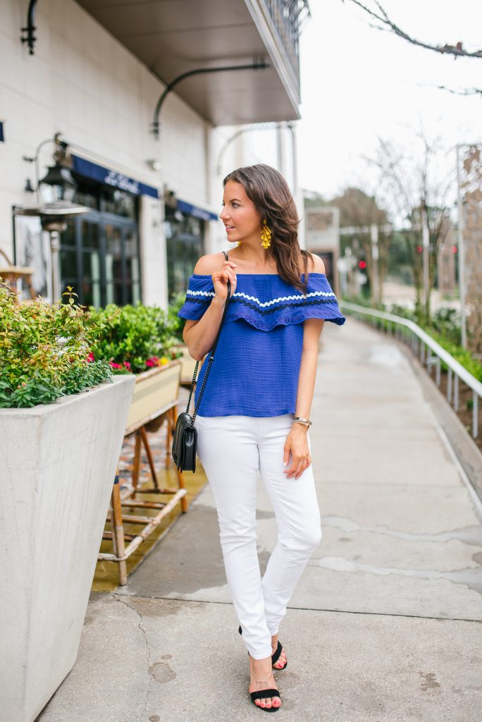 Summer outfit | blue off the shoulder top | white skinny jeans | Petite Fashion Blogger Lady in Violet