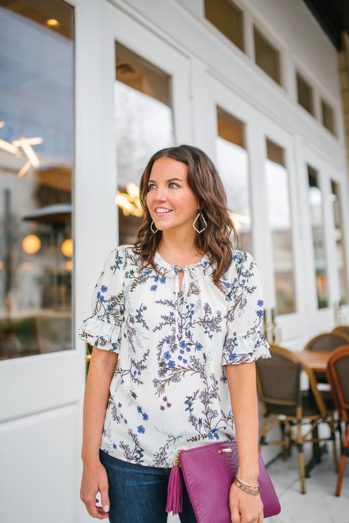 Blue floral top for spring | dark pink clutch | Houston Fashion Blogger Lady in Violet