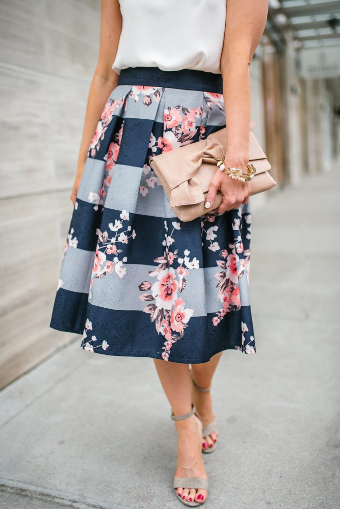 easter outfit | floral midi skirt | nude colored clutch | Petite Fashion Blogger Lady in Violet