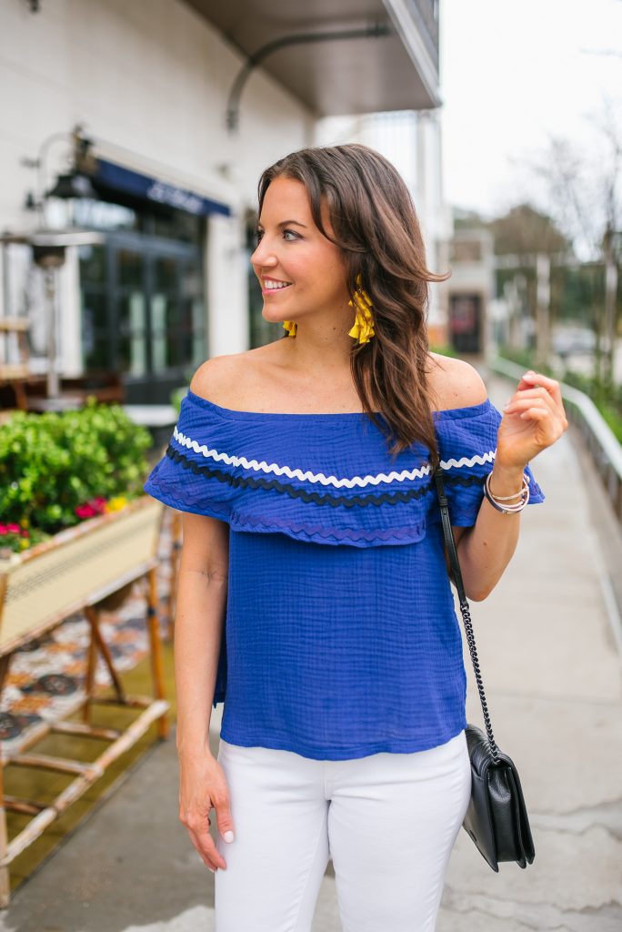 spring outfit | blue rickrack off the shoulder top | yellow statement earrings | Houston Fashion Blogger Karen Kocich