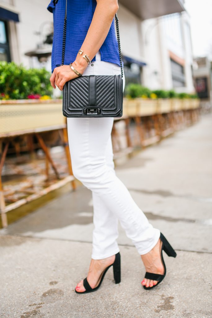 casual spring outfit | white skinny jeans | black block heel sandals | Petite Fashion Blogger Lady in Violet