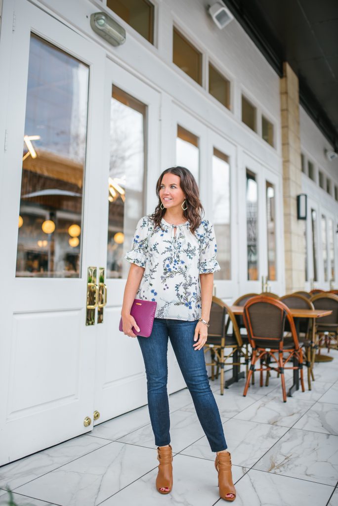 Casual outfit | white floral top | brown peep toe booties | Petite Fashion Blogger Lady in Violet