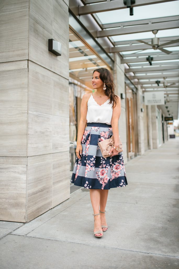 spring outfit | striped midi skirt | block heel sandals | Petite Fashion Blogger Lady in Violet