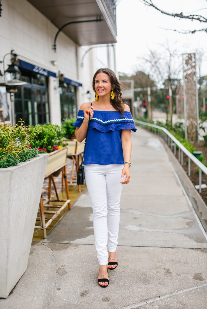 summer outfit | blue off the shoulder top | white jeans | Houston Fashion Blogger Lady in Violet