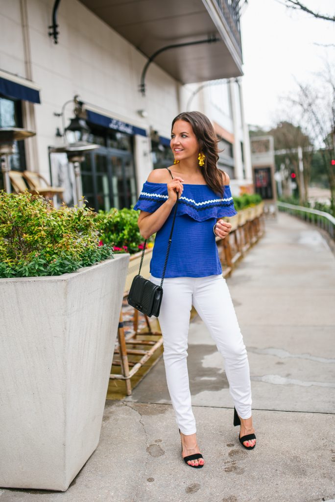 casual summer outfit | blue off the shoulder top | white denim | Petite Fashion Blogger Lady in Violet