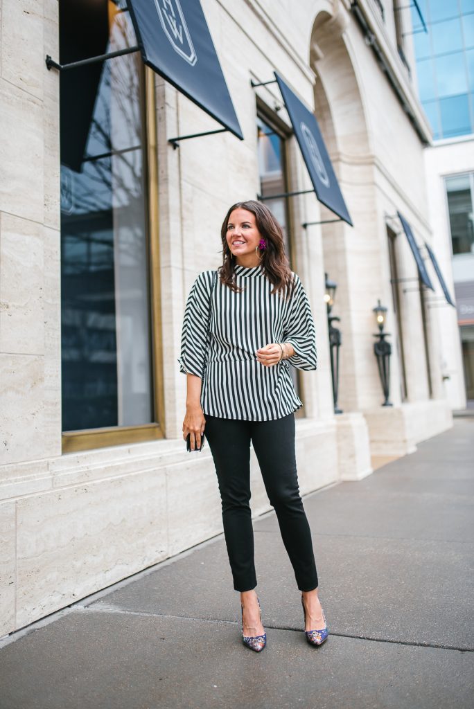 Fall outfits | striped top | black skinny jeans | Petite Fashion Blogger Lady in Violet